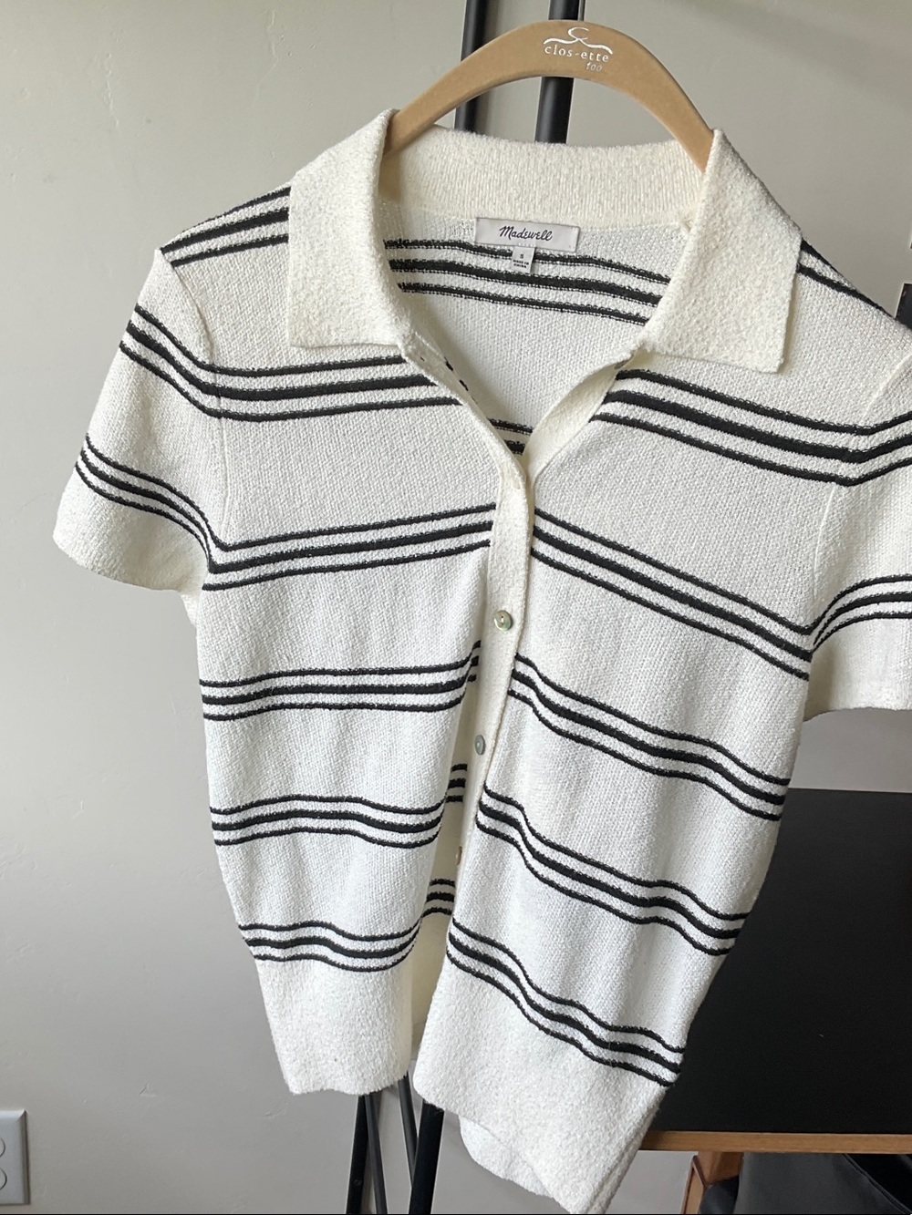 Madewell Cream and Black Striped Polo Button-Front Sweater